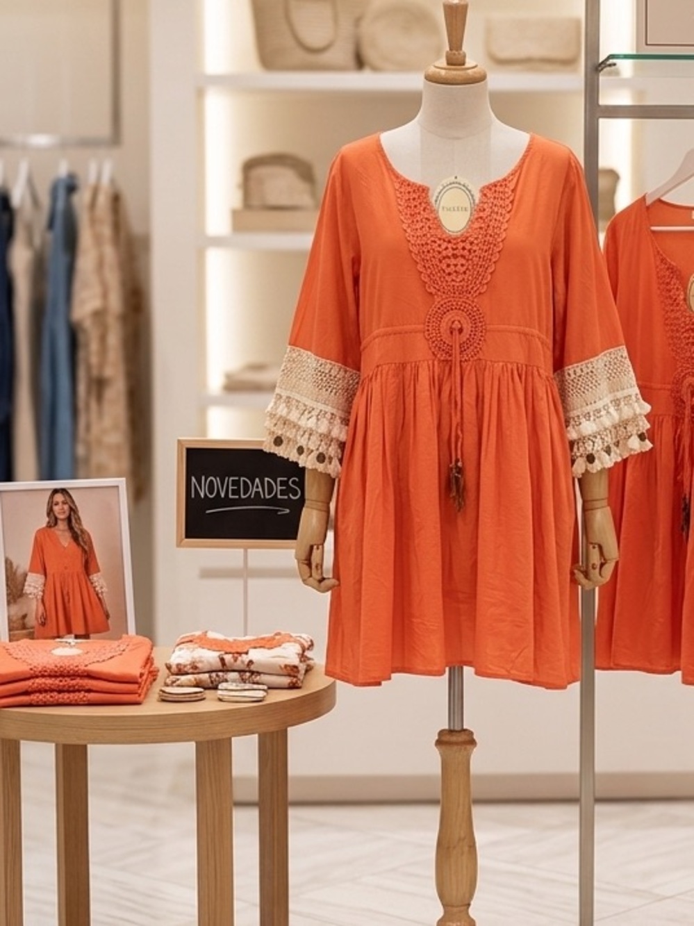 Velzera Coral-Orange Crochet V-Neck Tunic